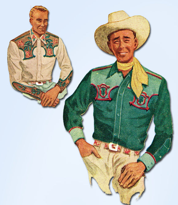 1940s Vintage McCall Sewing Pattern 1332 Mens Embroidered Western Shirt Sz 36 C