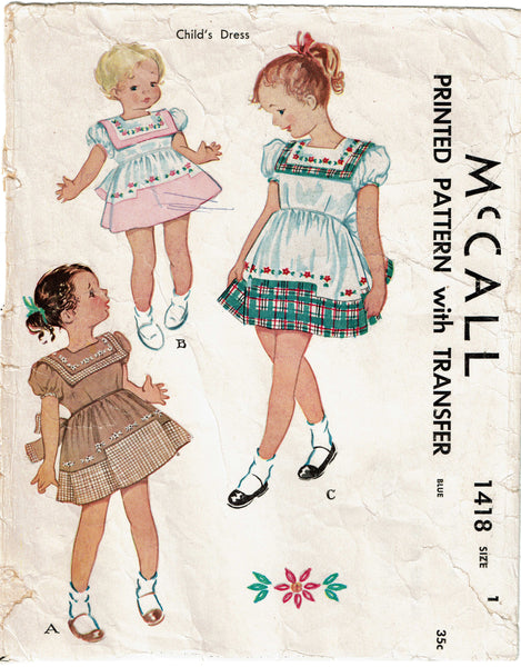 McCall 1418: 1940s Cute Toddler Girls Embroidered Dress Vintage Sewing Pattern