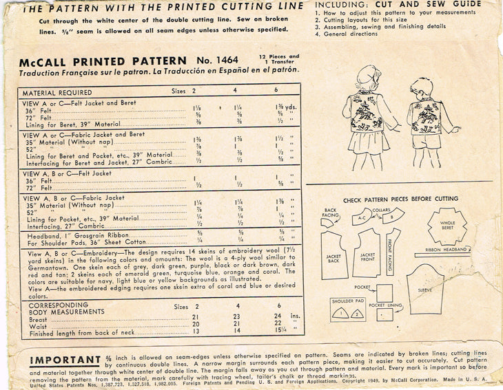 1940s Rare Original Vintage McCall Pattern 1464 Girls Mexican Jacket 6 ...