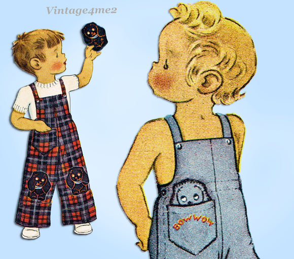 1940s Vintage McCall Sewing Pattern 1465 Toddler Boys Overalls w Puppy Toy Size 1