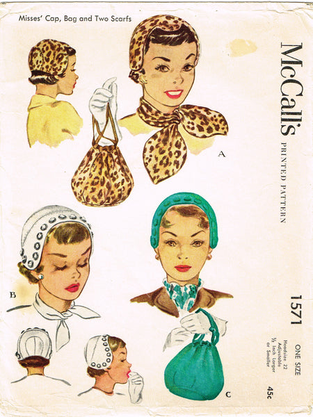 1950s Vintage McCalls Sewing Pattern 1571 Rare Misses Hat and Purse 22" Head