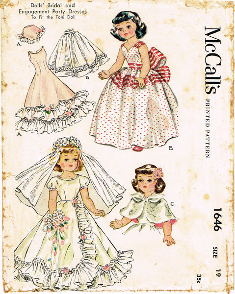 1950s Vintage McCalls Sewing Pattern 1646 19 Inch Bridal Set Doll Clothes ORIG