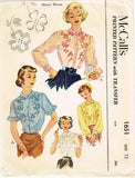 1950s Vintage McCalls Sewing Pattern 1651 Uncut Misses Embroidered Blouse 30 B