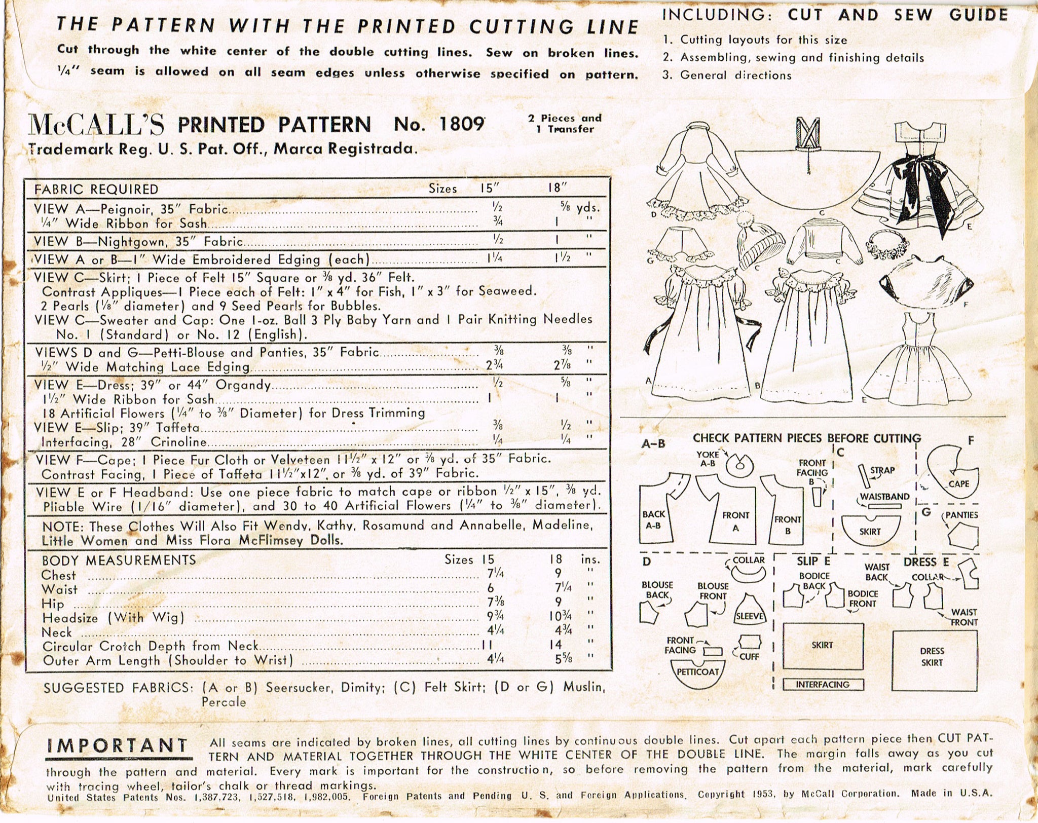 1950s Vintage McCalls Pattern 1809 18in Alice & Maggie Doll Clothes ...