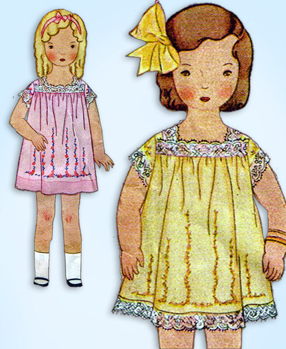 1930s Vintage McCall Sewing Pattern 1873 Baby Girls Lace Trimmed Dress Size 1