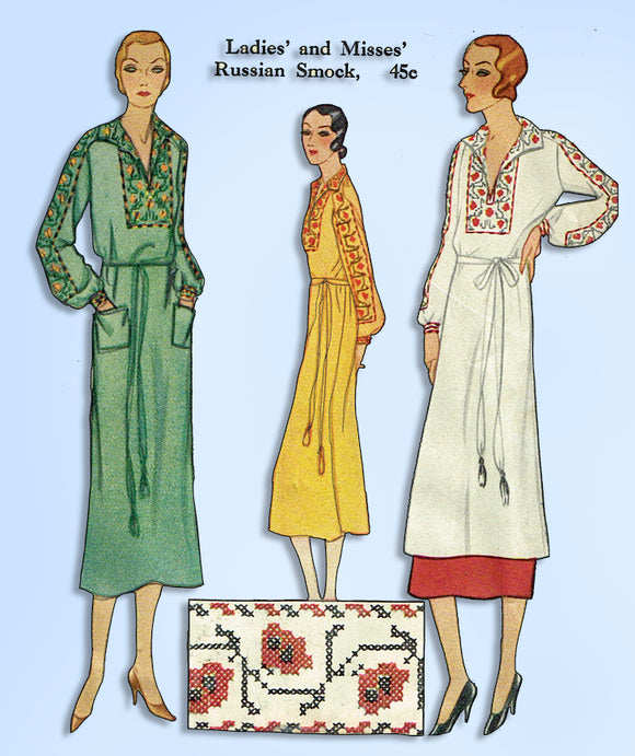 1930s Original Vintage McCall Pattern 1885 Uncut Russian Smock Dress Sz 38-40 B