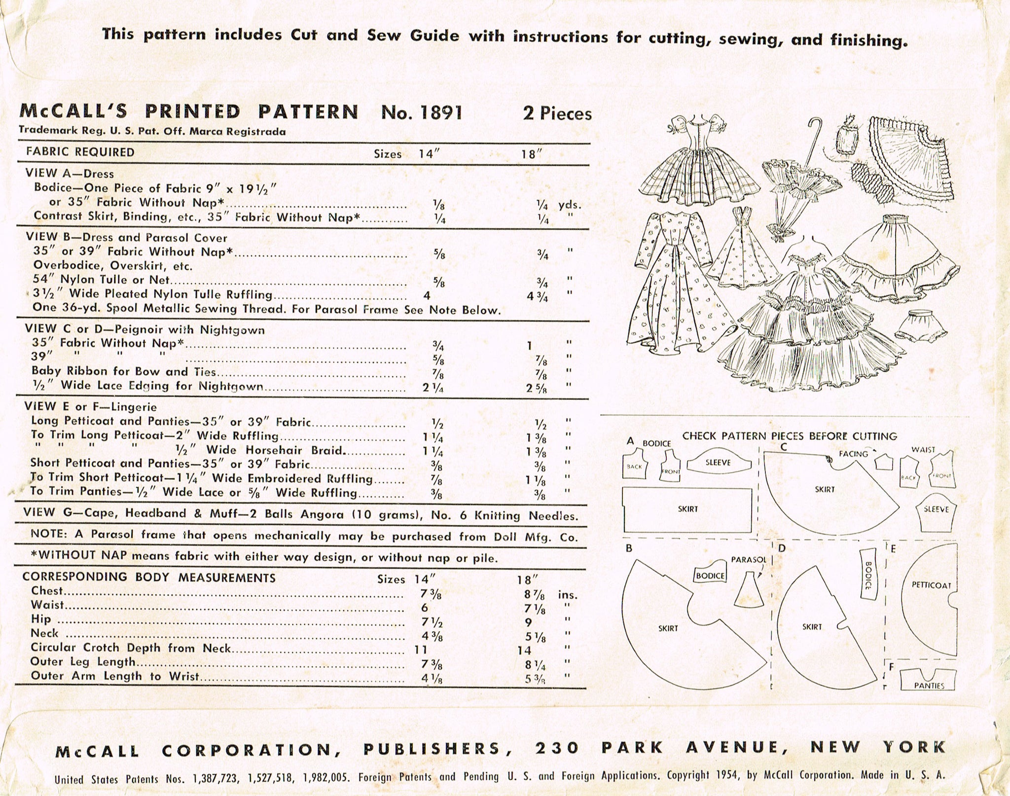 1950s Vintage McCalls Sewing Pattern 1891 18in Mary Hoyer Doll Clothes ...