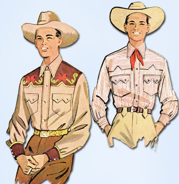 1950s Vintage McCall Sewing Pattern 1925 Mens Embroidered Western Shirt Size Med