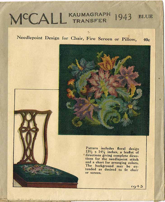 1930s McCall Kaumagraph Embroidery Transfer 1943 Crewel Needlepoint Chair Seat