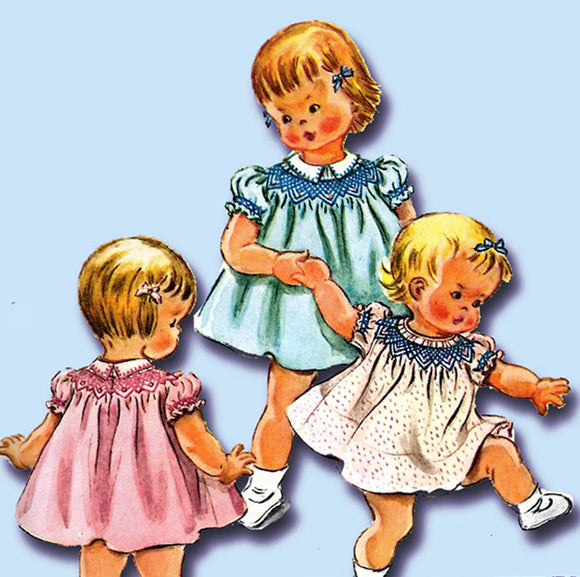 1950s Vintage McCall's Sewing Pattern 2075 Cute Baby Girls Smocked Dress 6 mos - Vintage4me2