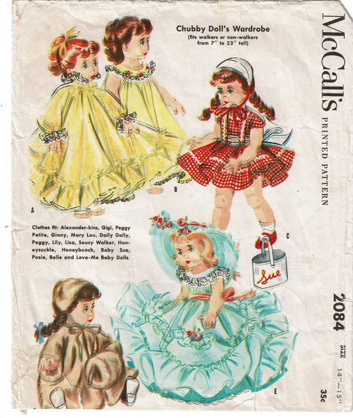 1950s Vintage McCalls Sewing Pattern 2084 14 to 15 Inch Little Girl Doll Clothes