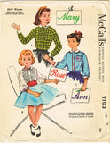 1950s Vintage McCalls Sewing Pattern 2103 Girls Blouse Color Name Transfer Sz 10