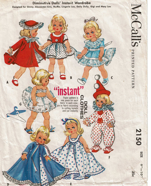 1950s Vintage McCalls Sewing Pattern 2150 Easy 9-10 Inch Dimunitive Doll Clothes