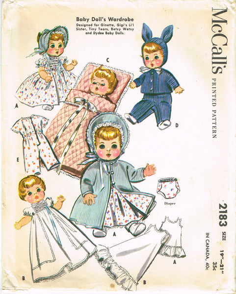 1950s Vintage McCalls Sewing Pattern 2183 Uncut Betsy Wetsy 19-21 Baby Doll Clothes