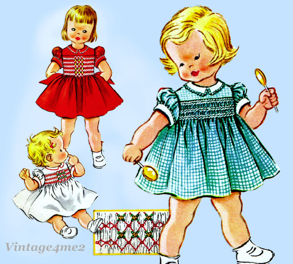 McCall's 2289: 1950s Cute Baby Girls Smocked Dress Sz 1 Vintage Sewing Pattern