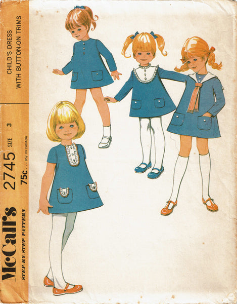 McCall 2745: 1960s Uncut Toddler Girls A-Line Dress Sz 3 Vintage Sewing Pattern
