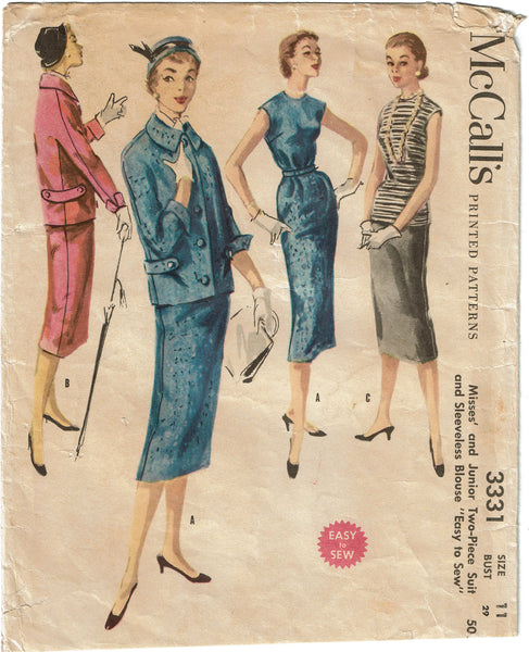 1950s Vintage McCalls Sewing Pattern 3331 Misses Three Piece Suit Size 29 B