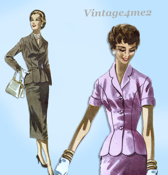McCall's 3401: 1950s Misses Stylish Slender Suit Sz 30 B Vintage Sewing Pattern