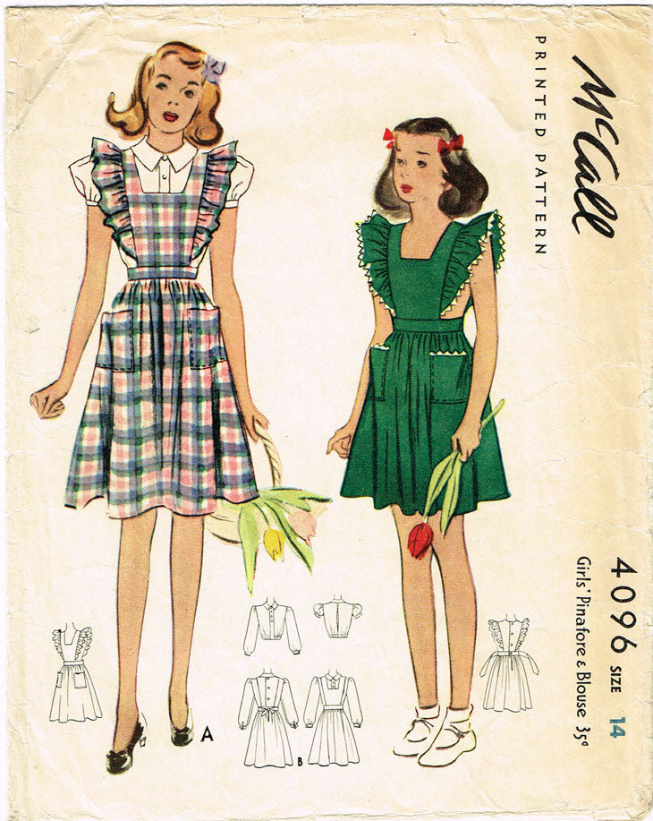 1940s Vintage McCall Sewing Pattern 4096 Teen Girls Pinafore Dress and Blouse 14 1940s Vintage McCall Sewing Pattern 4096 Teen Girls Pinafore Dress and Blouse 14