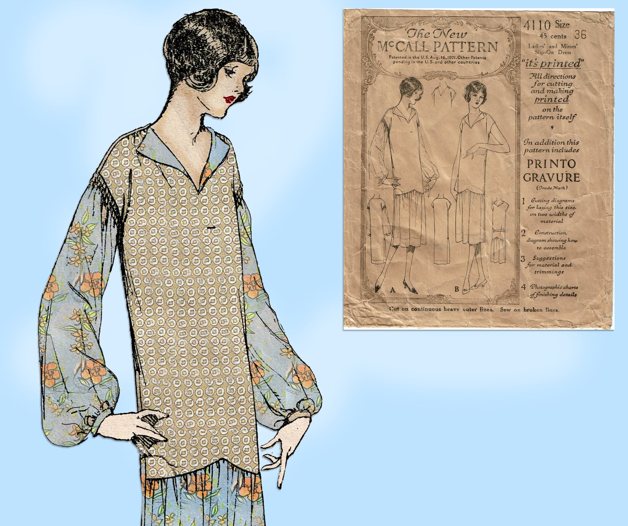 1920s Dress With Four Gored Skirt Sewing Pattern Bust Sizes 36-46 Peerless  Pattern Co Reproduction, 7425