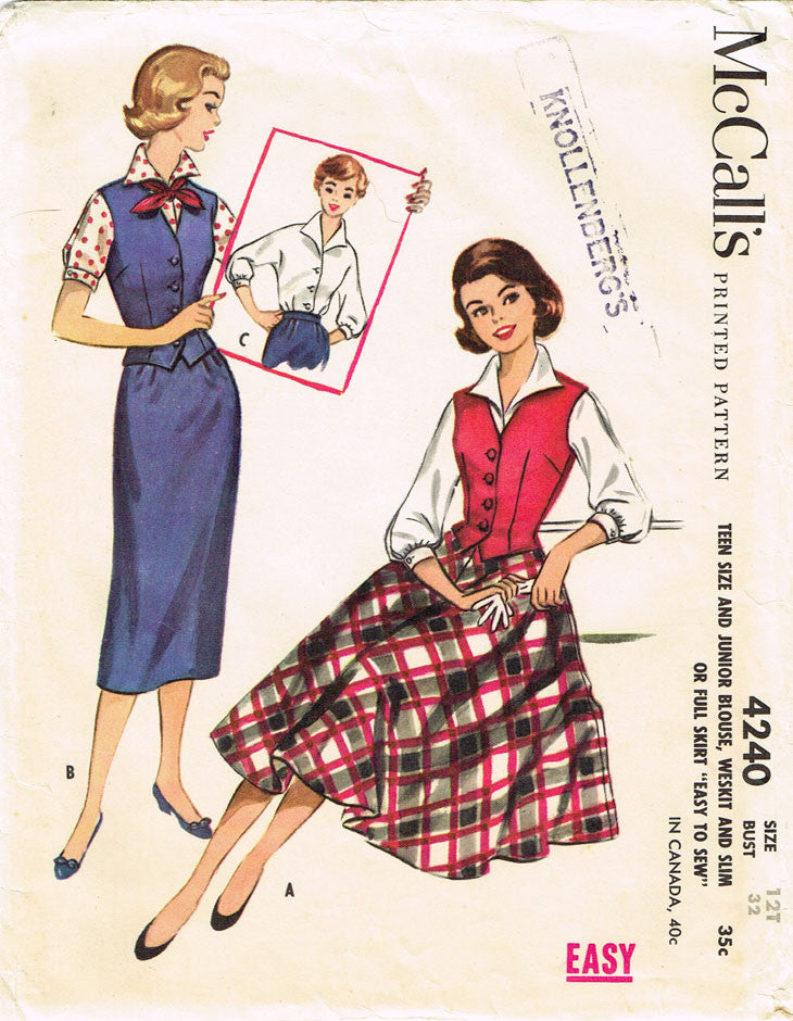 1950s Vintage McCallsl Sewing Pattern 4240 Misses Skirt Blouse Weskit ...