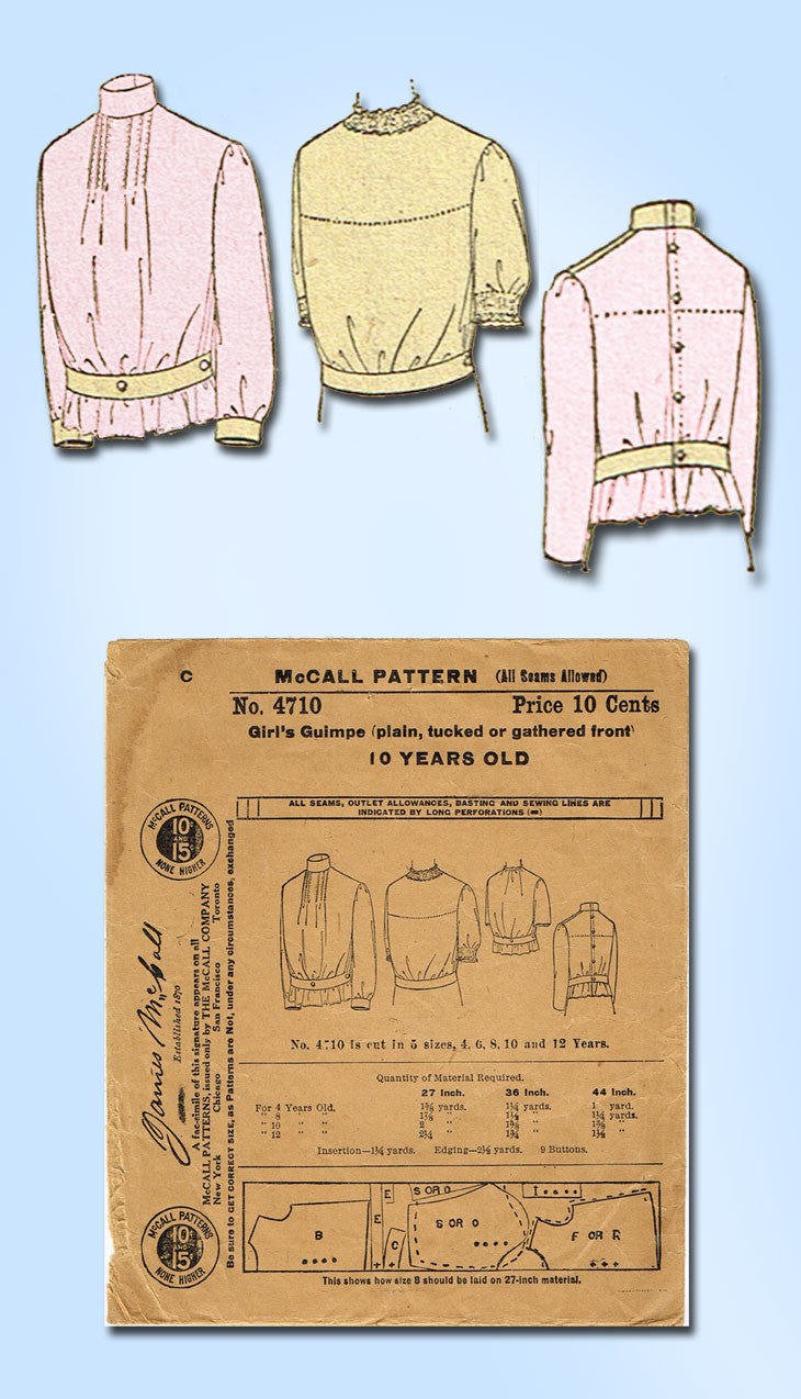 1910s Vintage McCall Sewing Pattern 4710 Little Girl's Guimpe Blouse S ...