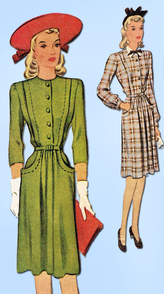 1940s Vintage McCall Sewing Pattern 4859 Misses WWII Tailored Dress Size 16 34B - Vintage4me2