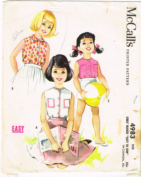 1950s Vintage McCall's Sewing Pattern 4983 Easy Little Girls Sleeveless Blouse Sz8