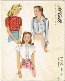 1940s Vintage McCall Sewing Pattern 5110 Little Girls WWII Blouse Size 4 23 Bust