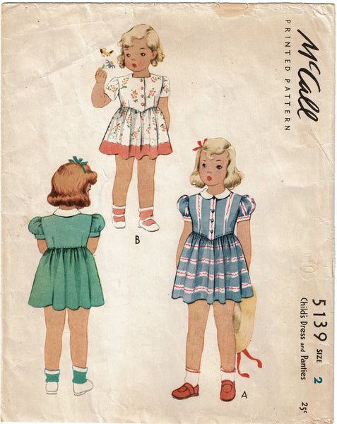 1940s Vintage McCall Sewing Pattern 5139 WWII Tiny Toddler Girls Dress Size 2