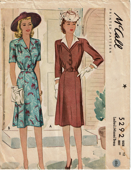 McCall 5292: 1940s Stunning Misses Peplum Dress Sz 30 B Vintage Sewing Pattern
