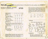 1960s Vintage McCall's Sewing Pattern 5753 Easy Sub Teen Girls Blouse Size 31 B