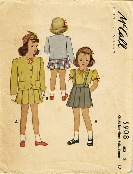 1940s Vintage McCall Sewing Pattern 5908 WWII Toddler Girls Suit & Blouse Sz 2 - Vintage4me2