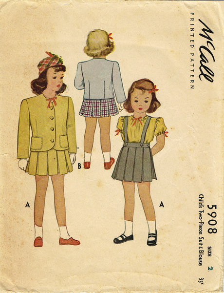 1940s Vintage McCall Sewing Pattern 5908 WWII Toddler Girls Suit & Blouse Sz 2 - Vintage4me2