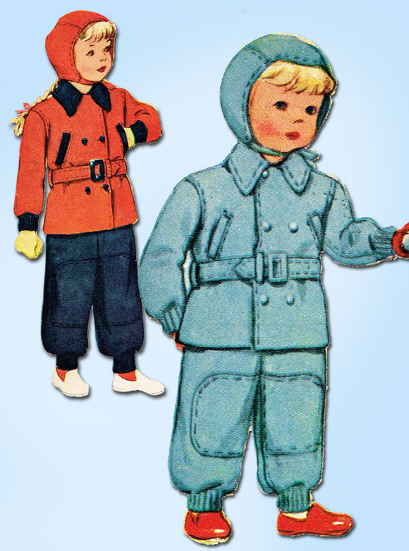1940s Vintage McCall Sewing Pattern 6241 Cute WWII Toddler Snow Suit & Cap Size 4