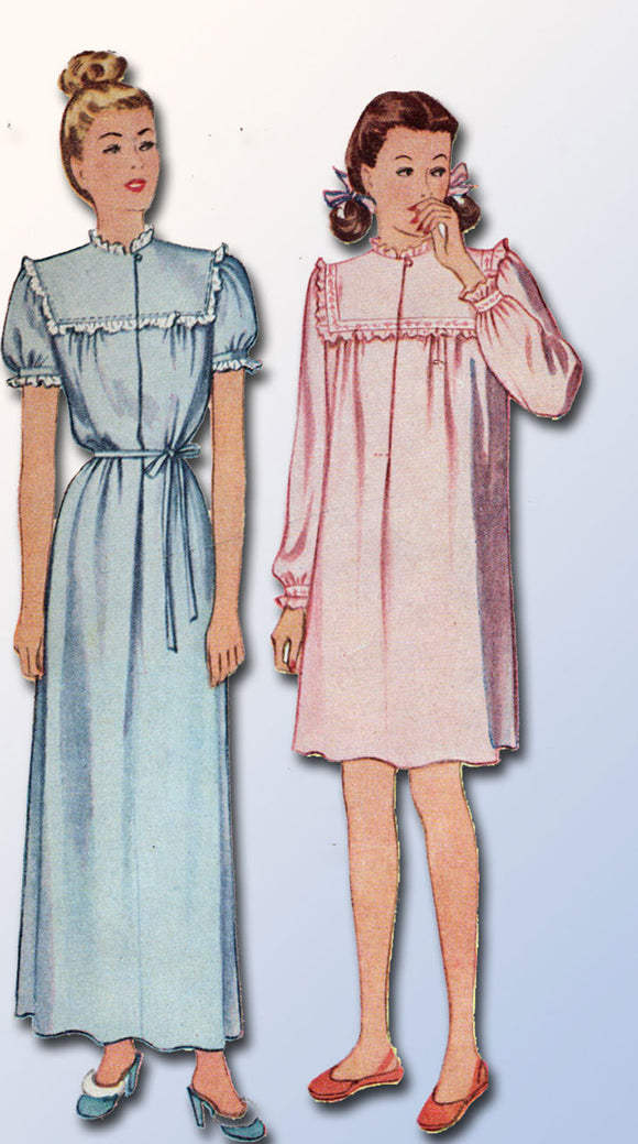 1940s Vintage McCall Sewing Pattern 6335 WWII Misses Nightgown Size SM 30 32 B - Vintage4me2