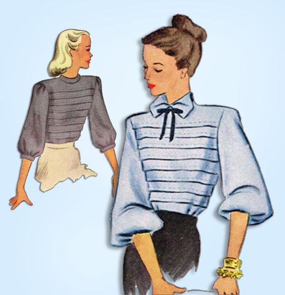 1940s Vintage McCall Sewing Pattern 6629 Stunning Misses Tucked Blouse Size 32 B