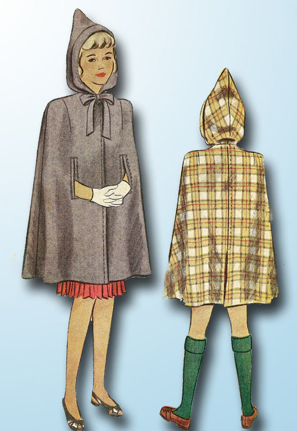 1940s Vintage McCall Sewing Pattern 6631 Toddler Girls Hooded Cape Size 6 24B - Vintage4me2