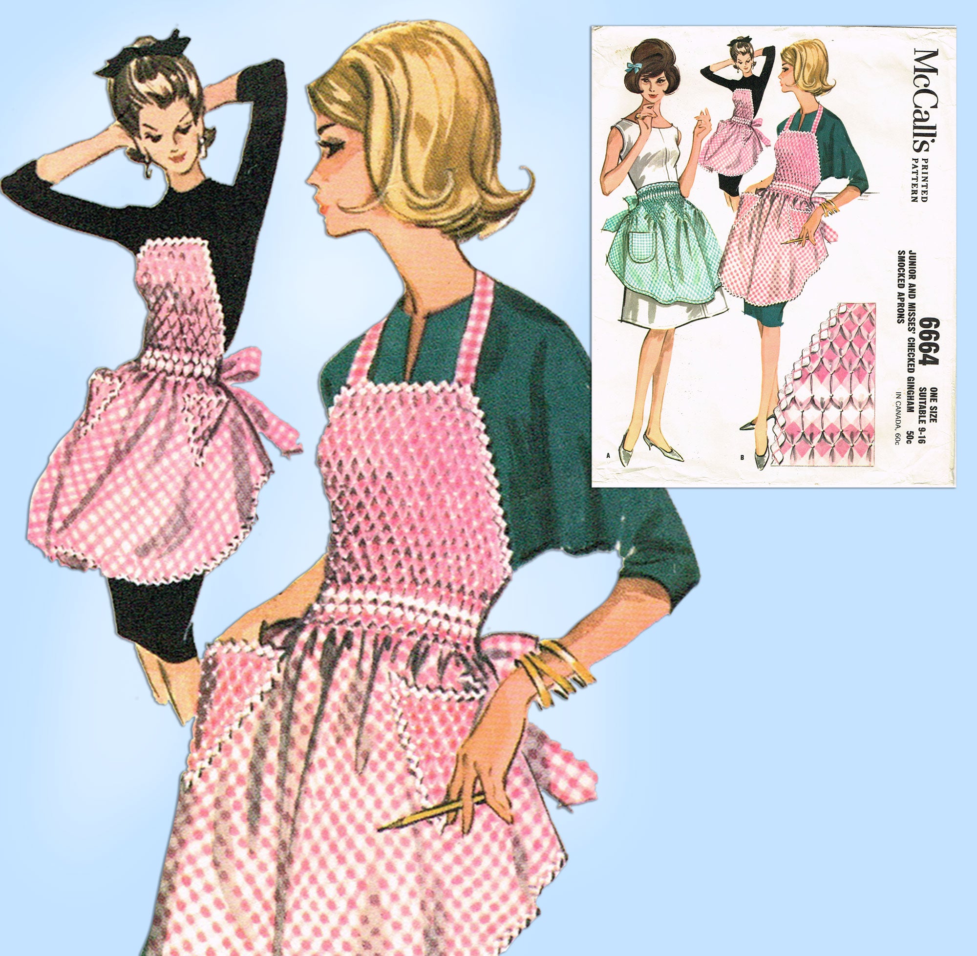 McCall's 6664: 1960s Cute Gingham Smocked Apron Fits All