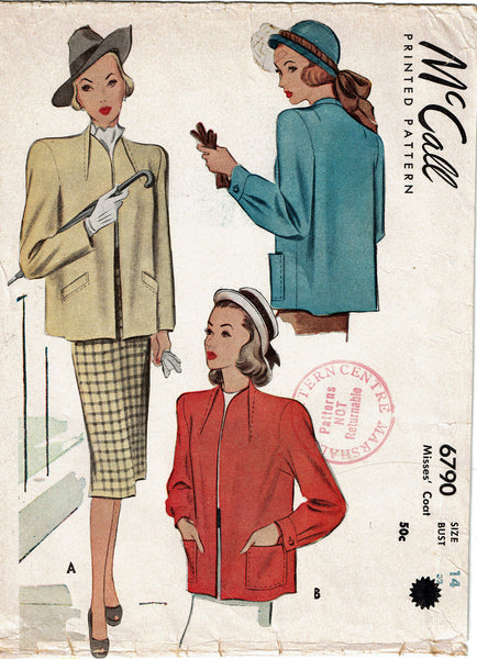 McCall's 6790: 1940s Stunning Misses Post WWII Coat 32B Vintage Sewing Pattern
