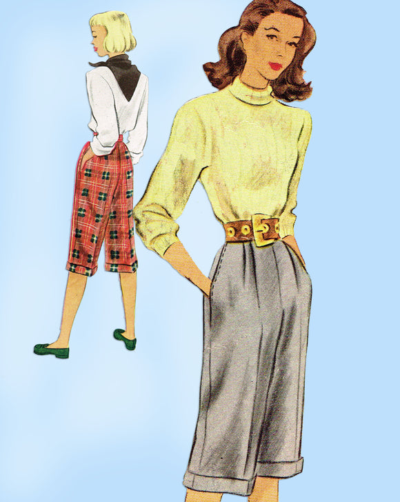 1940s Vintage McCall Sewing Pattern 6791 Cute Misses Knee Slacks Size 26 Waist