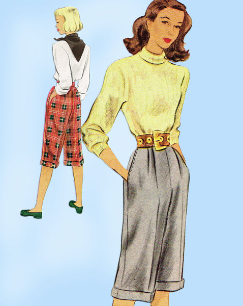 1940s Vintage McCall Sewing Pattern 6791 Cute Misses Knee Slacks Size 26 Waist