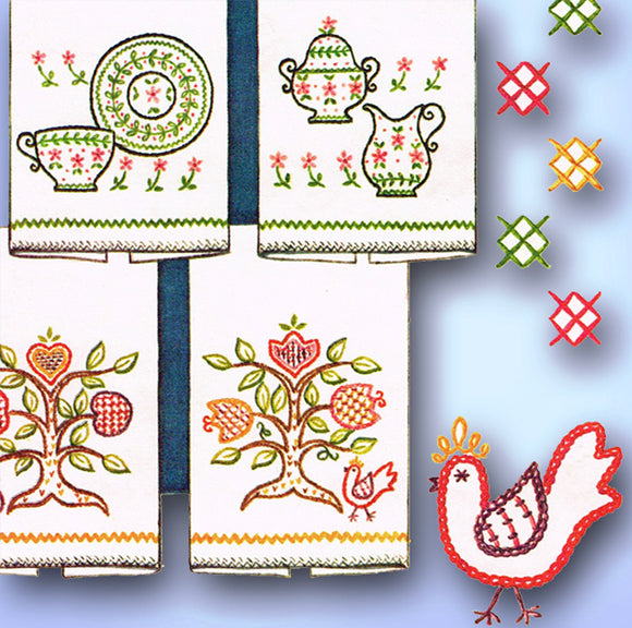 1960s Vintage McCall Embroidery Transfer 6836 Uncut Easy Crewel Tea Towel Set