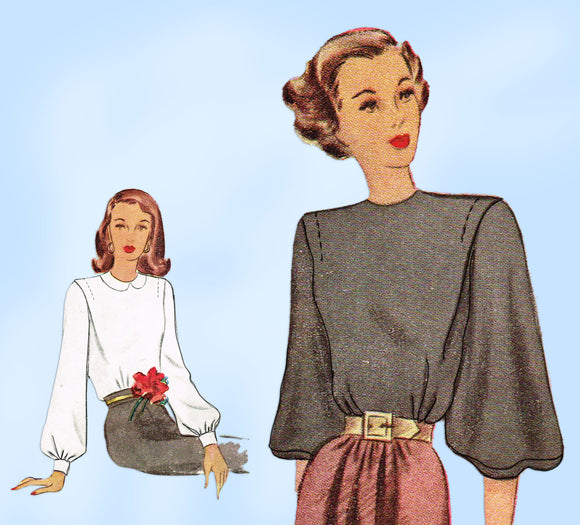 McCall 6923: 1940s Misses Blouse w Puff Sleeves Sz 34 B Vintage Sewing Pattern - Vintage4me2