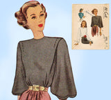 McCall 6923: 1940s Misses Blouse w Puff Sleeves Sz 34 B Vintage Sewing Pattern - Vintage4me2