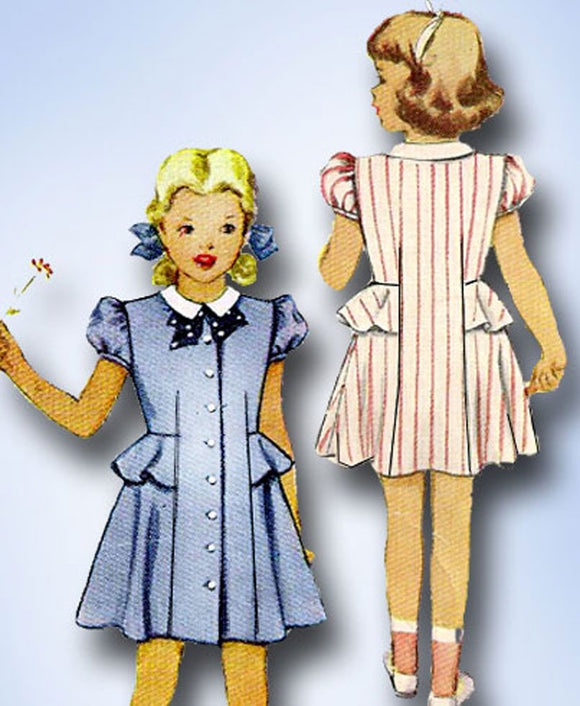 1940s Vintage McCall Sewing Pattern 7235 Little Girls Peplum Dress Size 8 26B