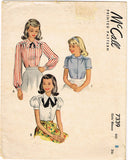1940s Vintage McCall Sewing Pattern 7339 Little Girls Blouse Set Size 8 26 Bust
