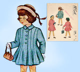 1940s Vintage McCall Sewing Pattern 7390 Toddler Girls Princess Coat Size 4 - Vintage4me2