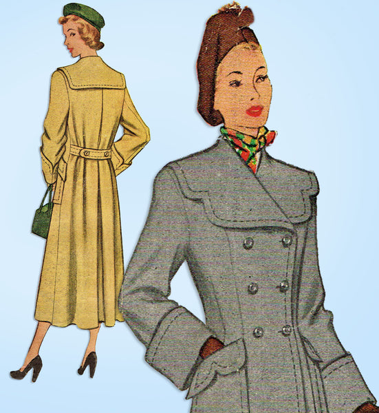 1940s Vintage McCall Sewing Pattern 7416  Stylish Misses Trench Coat Sz 32 Bust - Vintage4me2
