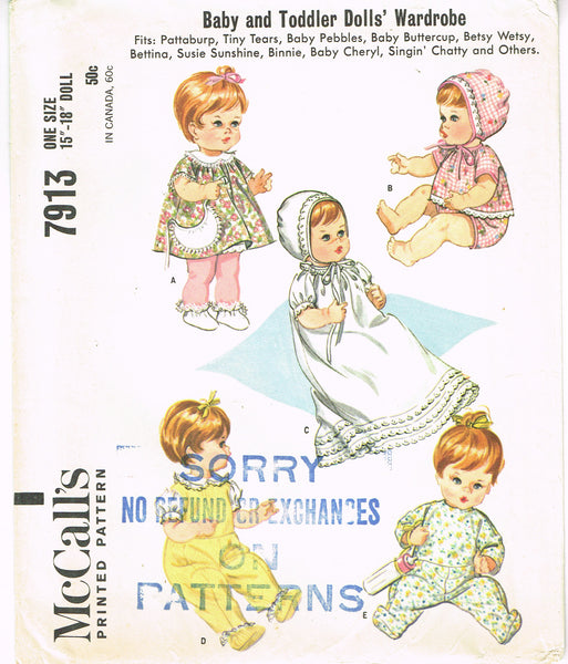 McCall's 7913: 1960s Uncut 15-18 Inch Baby Doll Clothes Vintage Sewing Pattern